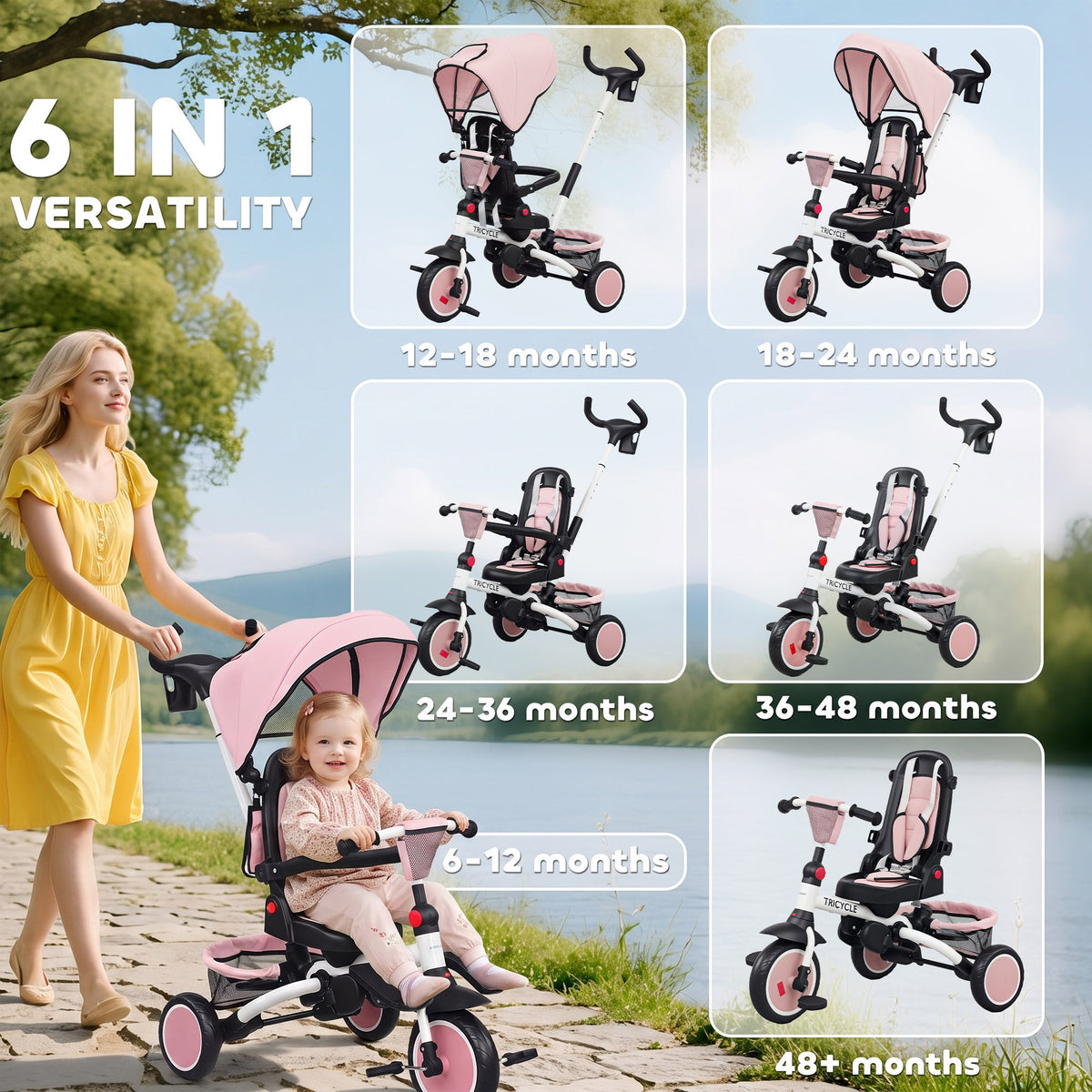 AIYAPLAY 6 in 1 Foldable Kids Trike with Adjustable Parent Handle & Canopy for Ages 1-5, Pink