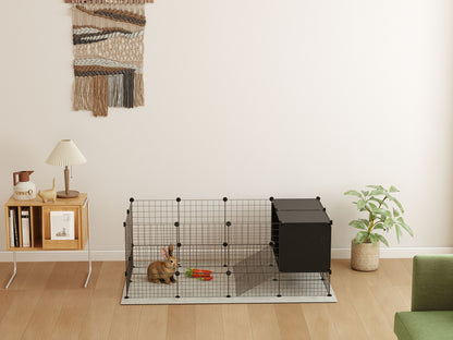 PawHut DIY Small Animal Cage with Elevated Huts, C&C Cage for Guinea Pigs, Hedgehogs, Rabbits, 31 Panels, Black