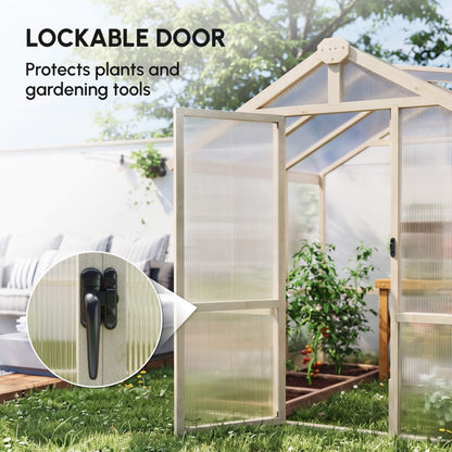 Outsunny 6.6 x 6ft Polycarbonate Greenhouse, Walk-in Wooden Greenhouse with Lockable Door and Window, Brown
