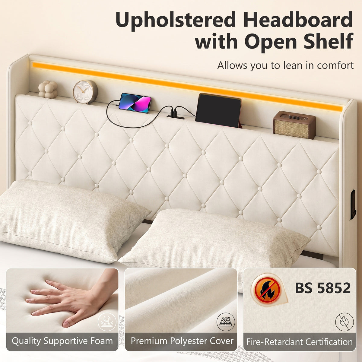 HOMCOM 5ft King Bed Frame with Headboard, Platform Bed Frame with Hydraulic Storage, LED Lights and Charging Station, White
