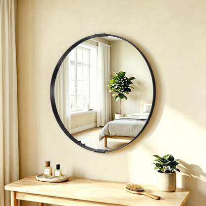HOMCOM Round Wall Mirror 61 cm, Wall Mounted Bathroom Mirror with Tempered Safety Glass and Aluminium Alloy Frame, Black