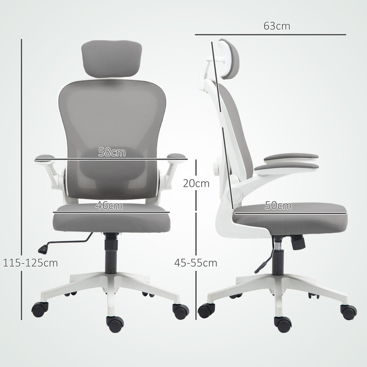 HOMCOM Executive Office Chair, Ergonomic Mesh High Back Desk Chair with Flip-up Armrest, Rotatable Headrest, Adjustable Lumbar Support for Home Study, Grey