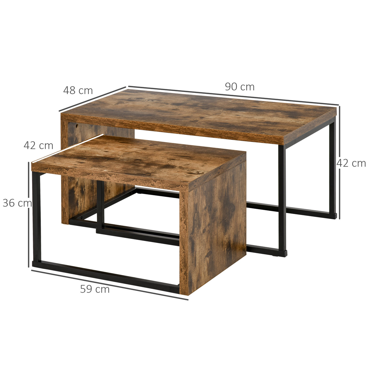 HOMCOM Nesting Coffee Table Set of 2, Industrial Stacking Side End Tables with Metal Frame for Living Room, Bedroom, Rustic Brown