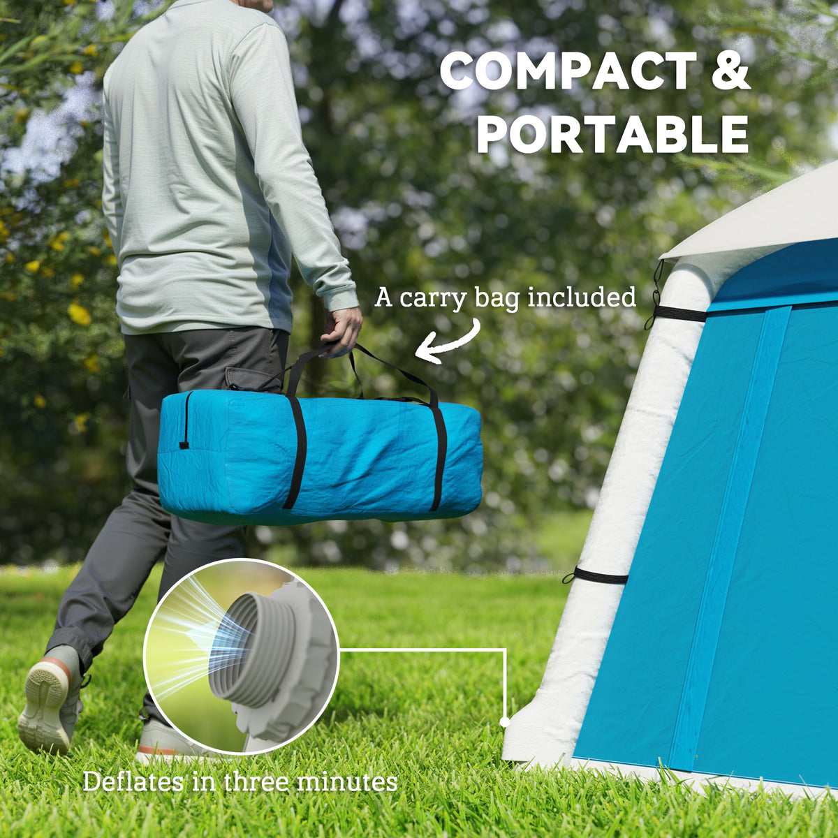 Outsunny Inflatable Camping Tent with Hand Pump, Easy Setup 1/2 Person Blackout Blow Up Tent, Light Blue