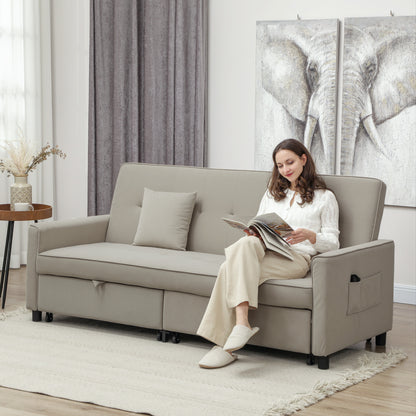 HOMCOM 3 Seater Velvet Sofa Bed, Convertible Pull-Out  Sofa Bed with Adjustable Backrest, Space Saving Living Room Sofa, Beige