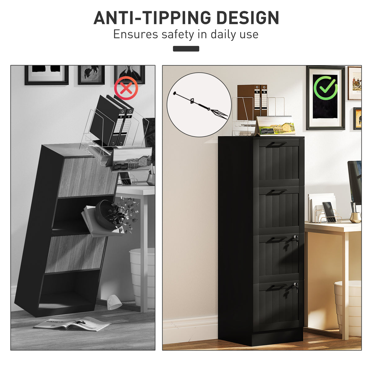 HOMCOM 4 Drawer Filing Cabinet with Lock, Office Storage Cabinet with Adjustable Hanging Bars for A4 Letter Size Files, Black