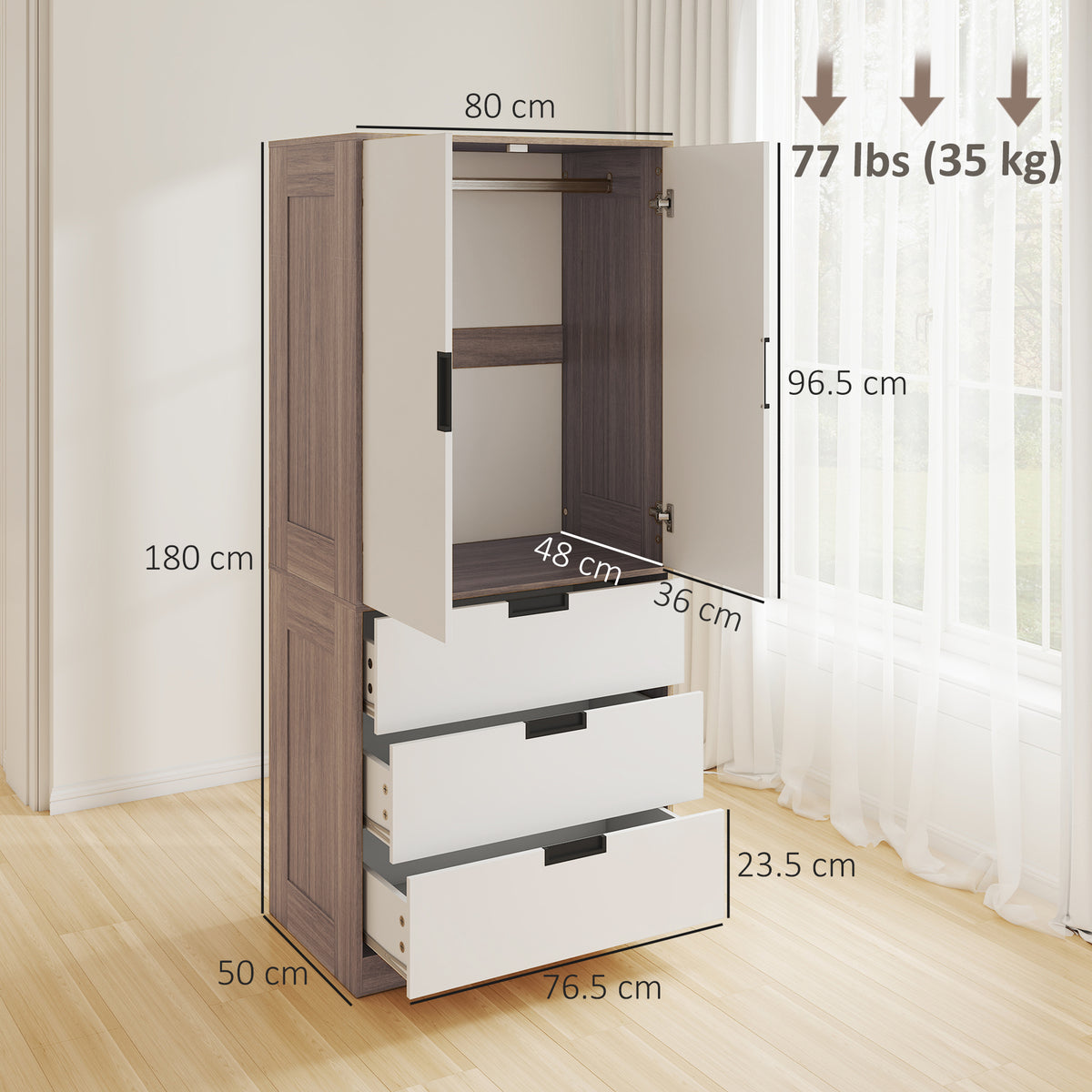 HOMCOM Modern Clothes Storage Cupboard Unit, 3 Drawer 2 Door Wardrobe with Hanging Rod, White/Brown