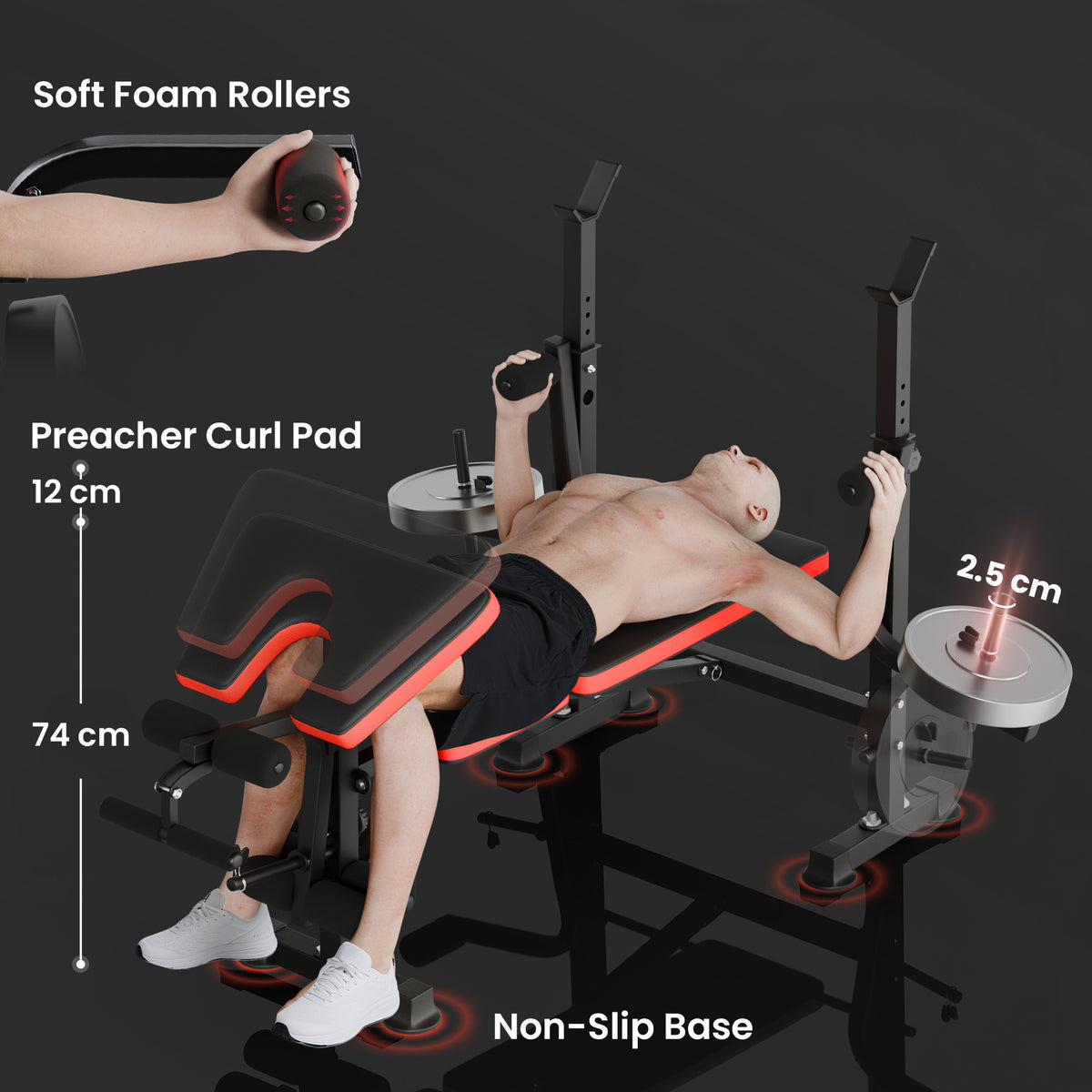 HOMCOM Adjustable Weight Bench with Leg Extension, Barbell Rack, Preacher Curl Pad, Butterfly, Multi-Function Home Gym Bench for Strength Training, Red