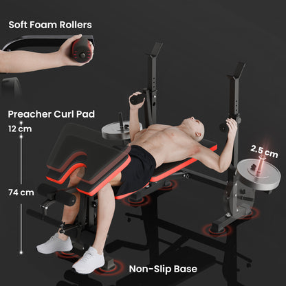 HOMCOM Adjustable Weight Bench with Leg Extension, Barbell Rack, Preacher Curl Pad, Butterfly, Multi-Function Home Gym Bench for Strength Training, Red