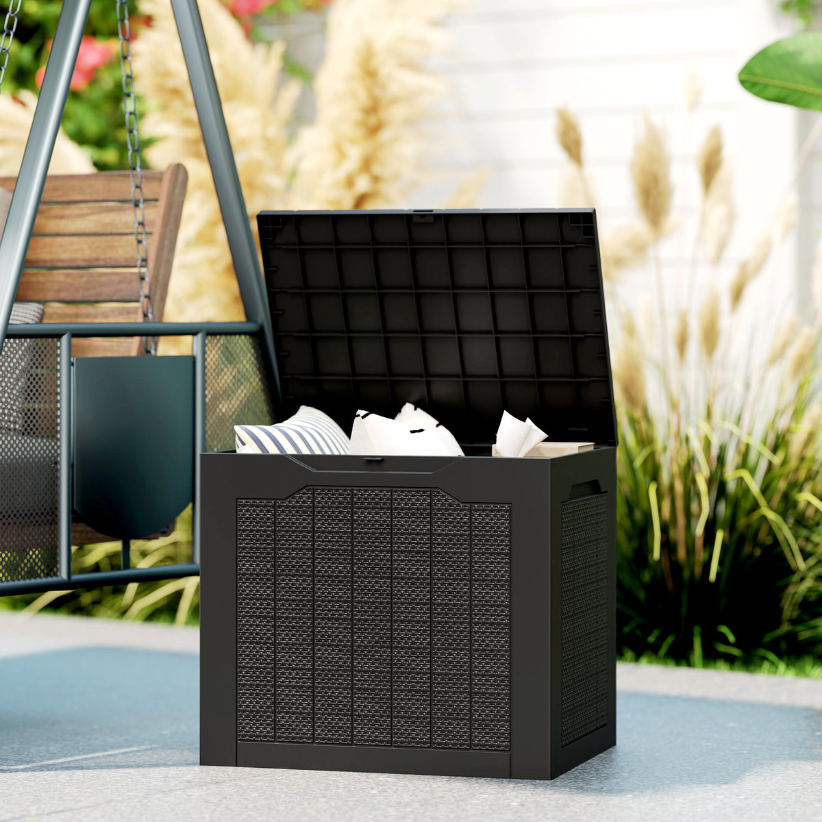 Outsunny 97L Plastic Garden Storage Box, Outdoor Storage Box with Handles, Waterproof Outdoor Storage Container, Black