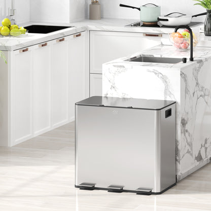 HOMCOM 3 x 15L Pedal Bin, Steel Triple Kitchen Bin with Soft Close Lid, Removable Inner Buckets, Fingerprint-Proof, Silver Tone