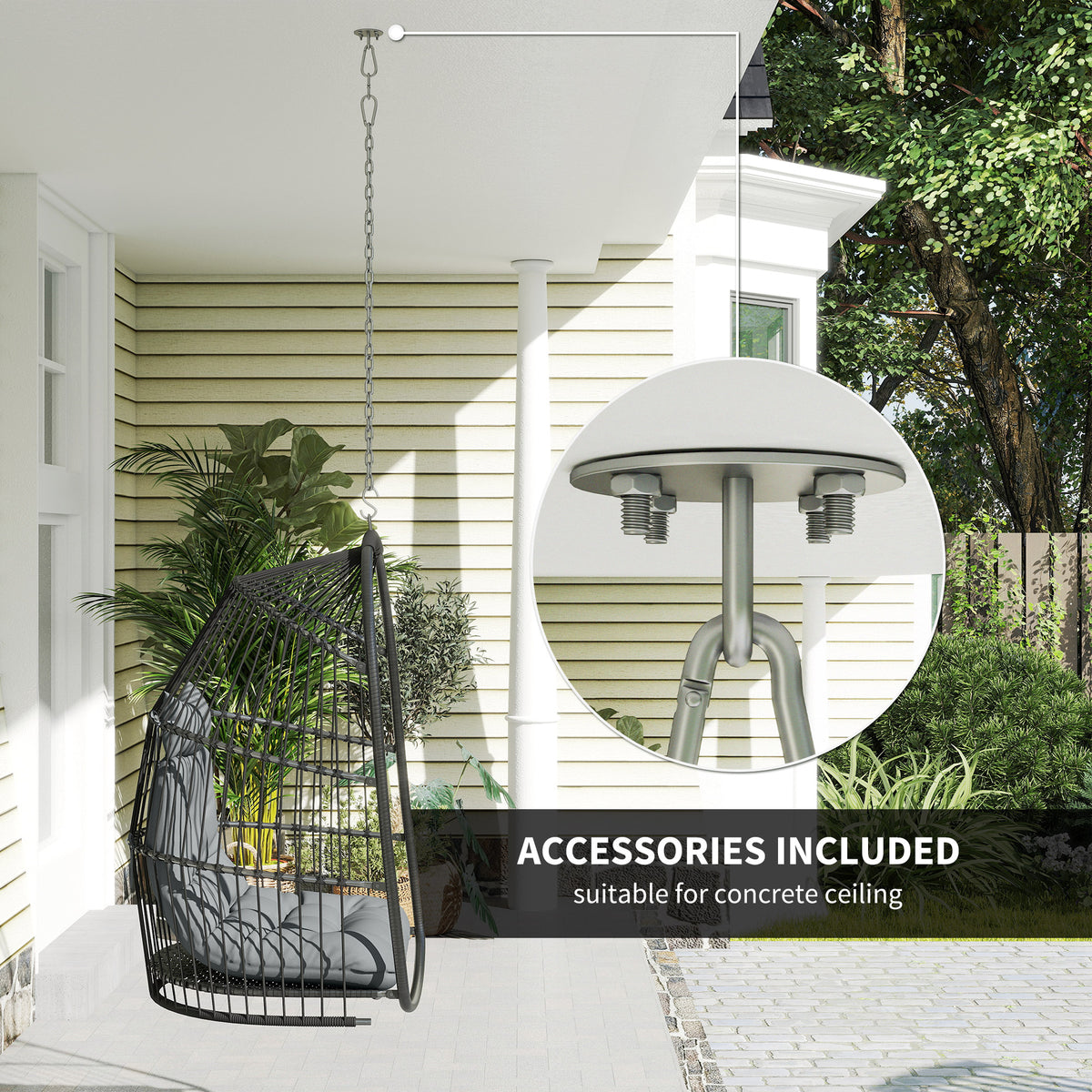 Outsunny Hanging Egg Chair, Foldable Rattan Garden Swing Chair with Installation Kit, Thickened Cushion and Headrest, Indoor Outdoor Hanging Egg Basket Seat for Patio, Porch, Dark Grey