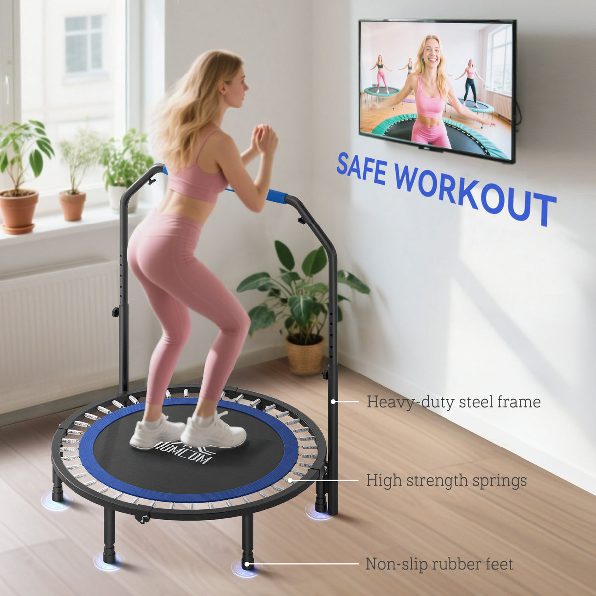 HOMCOM 45" Foldable Mini Fitness Trampoline, with Adjustable Foam Handle, Blue