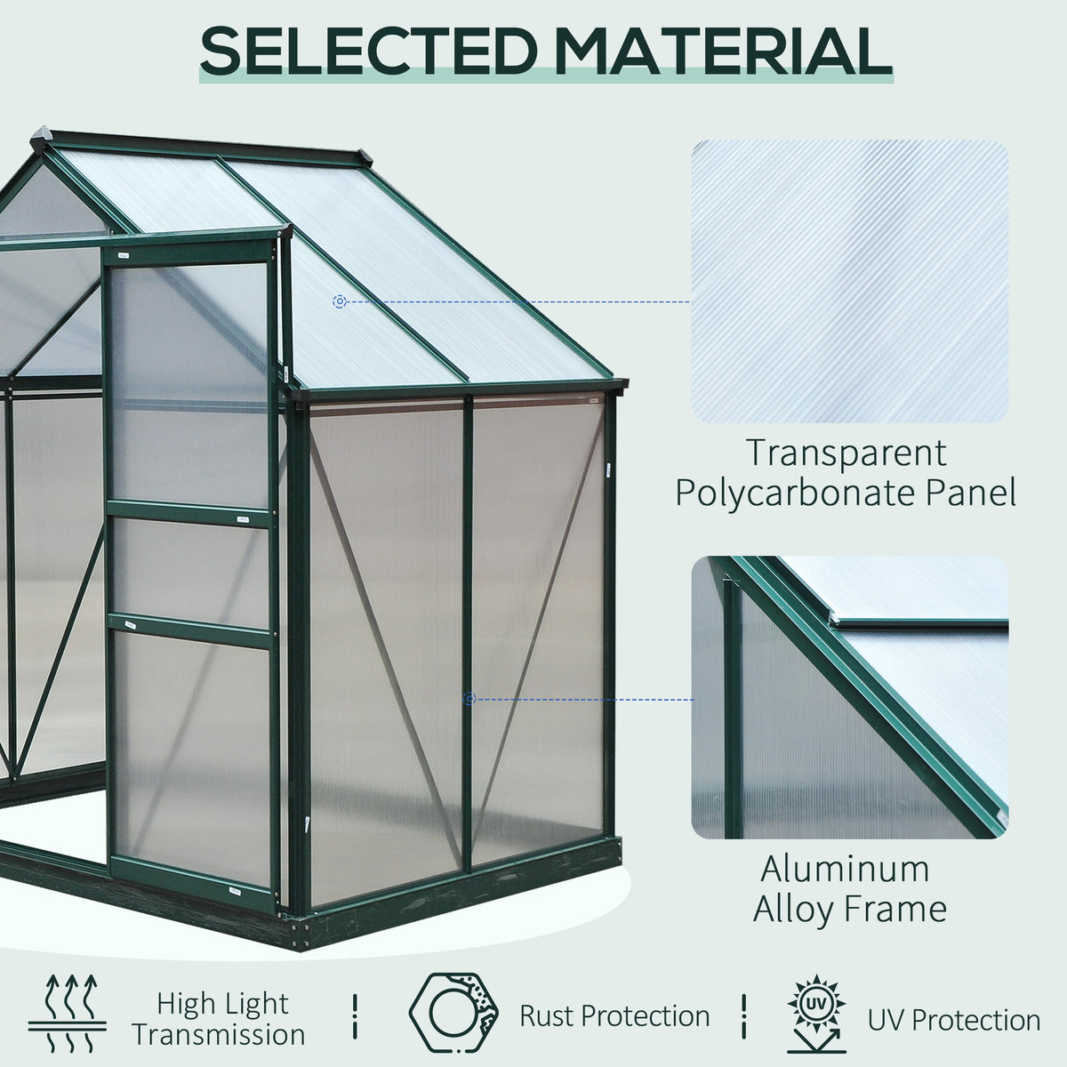 Outsunny 6 x 4ft Polycarbonate Greenhouse, Large Walk in Green House with Slide Door and Window, Garden Plants Grow House with Aluminium Frame and Foundation, Dark Green