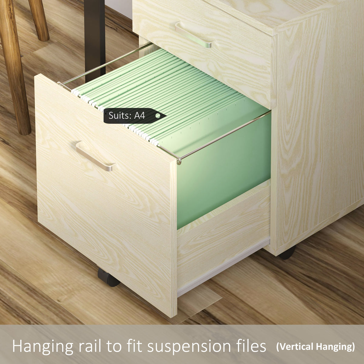 Vinsetto 2-Drawer Locking Office Filing Cabinet w/ 5 Wheels Rolling Storage Hanging A4 Cupboard Home Organisation, Oak Wood Grain