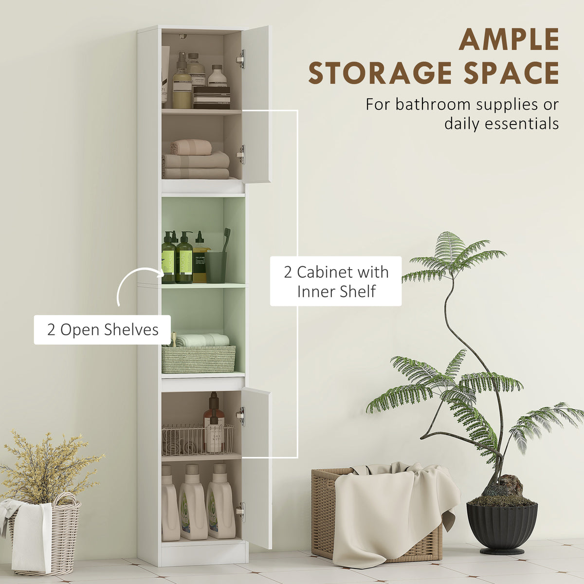 HOMCOM Narrow Bathroom Cabinet, Slim Bathroom Storage Unit with Open Compartment, Freestanding Storage Cupboard with Adjustable Shelves for Small Spaces, 30 x 24 x 170 cm, White