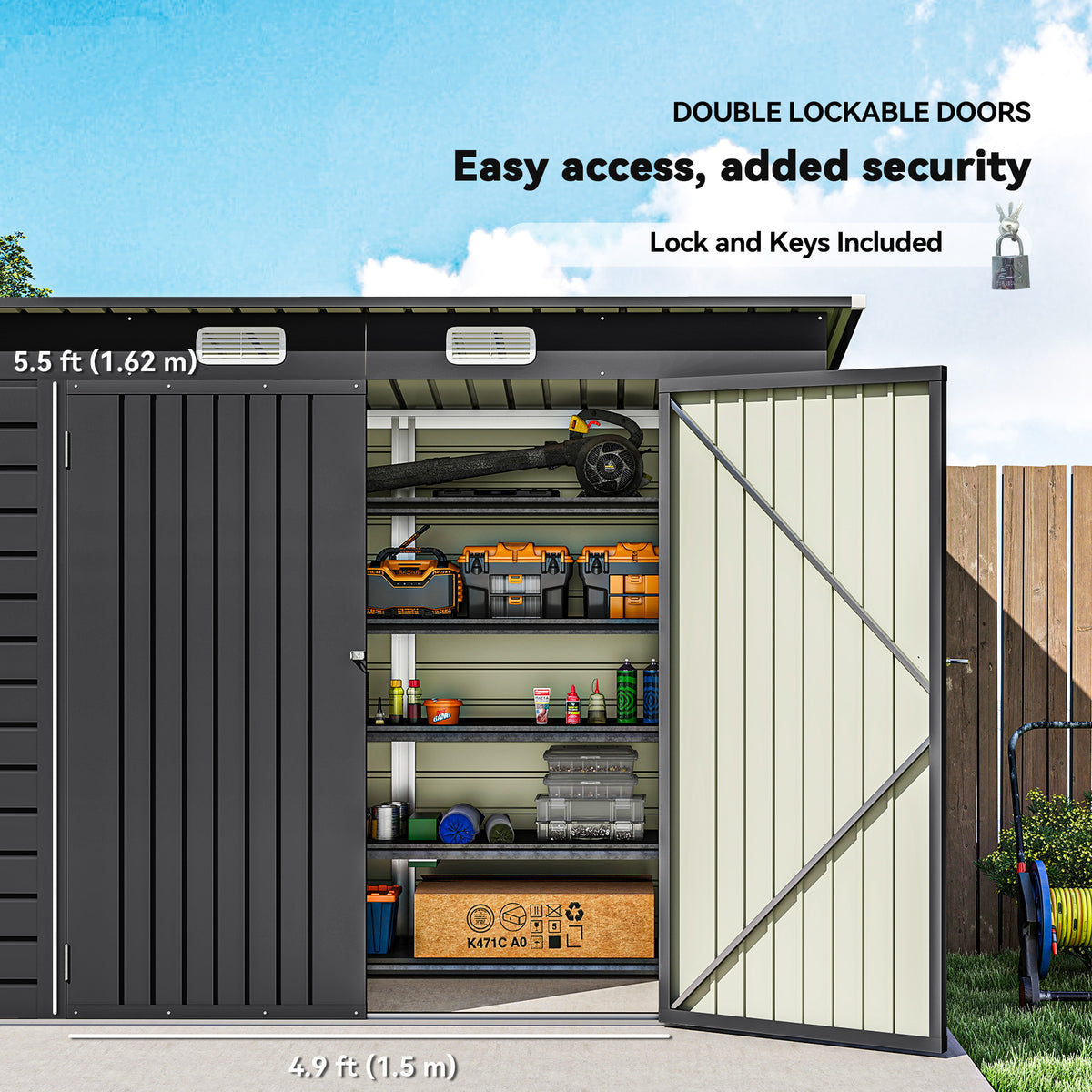 Outsunny 3.7 x 7.9ft Galvanised Steel Shed with Latched Door and Padlock Garden Storage Shed - Grey
