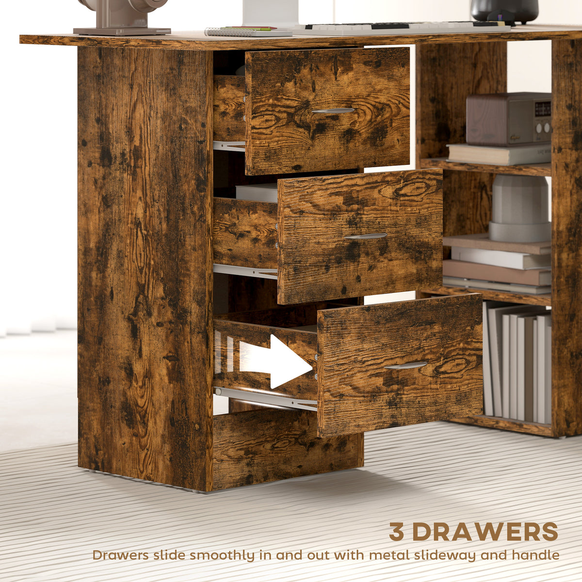 HOMCOM Computer Desk with Drawers, Home Office Desk, Writing Table, PC Workstation with 3 Storage Shelves for Working, Study, 120 x 49 x 72 cm, Rustic Brown
