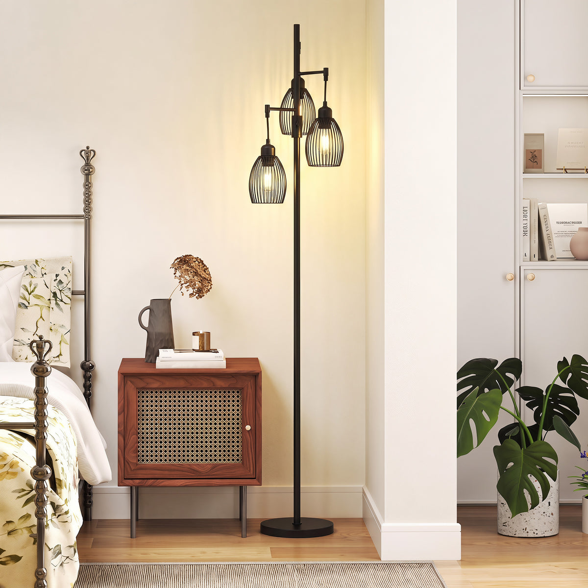 HOMCOM 3-Light Floor Lamp, 170cm Industrial Dimmable Standing Lamp with Steel Wire Cage Lampshades for Living Room, Bedroom, Dining Room, Study, Bulb Not Included, Black