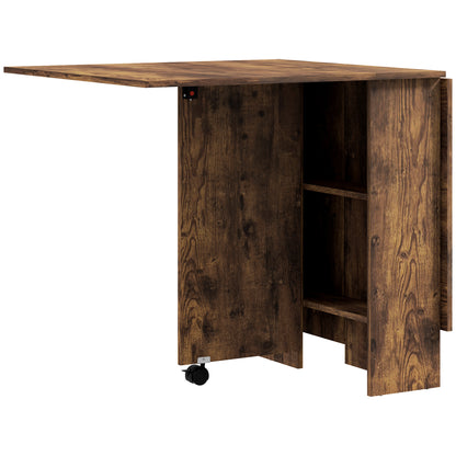 HOMCOM 80-140 cm Folding Dining Table for 4-6 People, Drop Leaf Table with 2-Tier Shelves, Rolling Casters, Rustic Brown