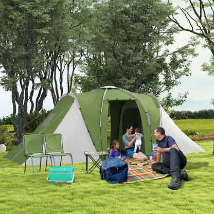 Outsunny Large Camping Tent Tunnel Tent with 2 Bedroom and Living Area, 2000mm Waterproof, Portable with Bag for 4 Man, Green