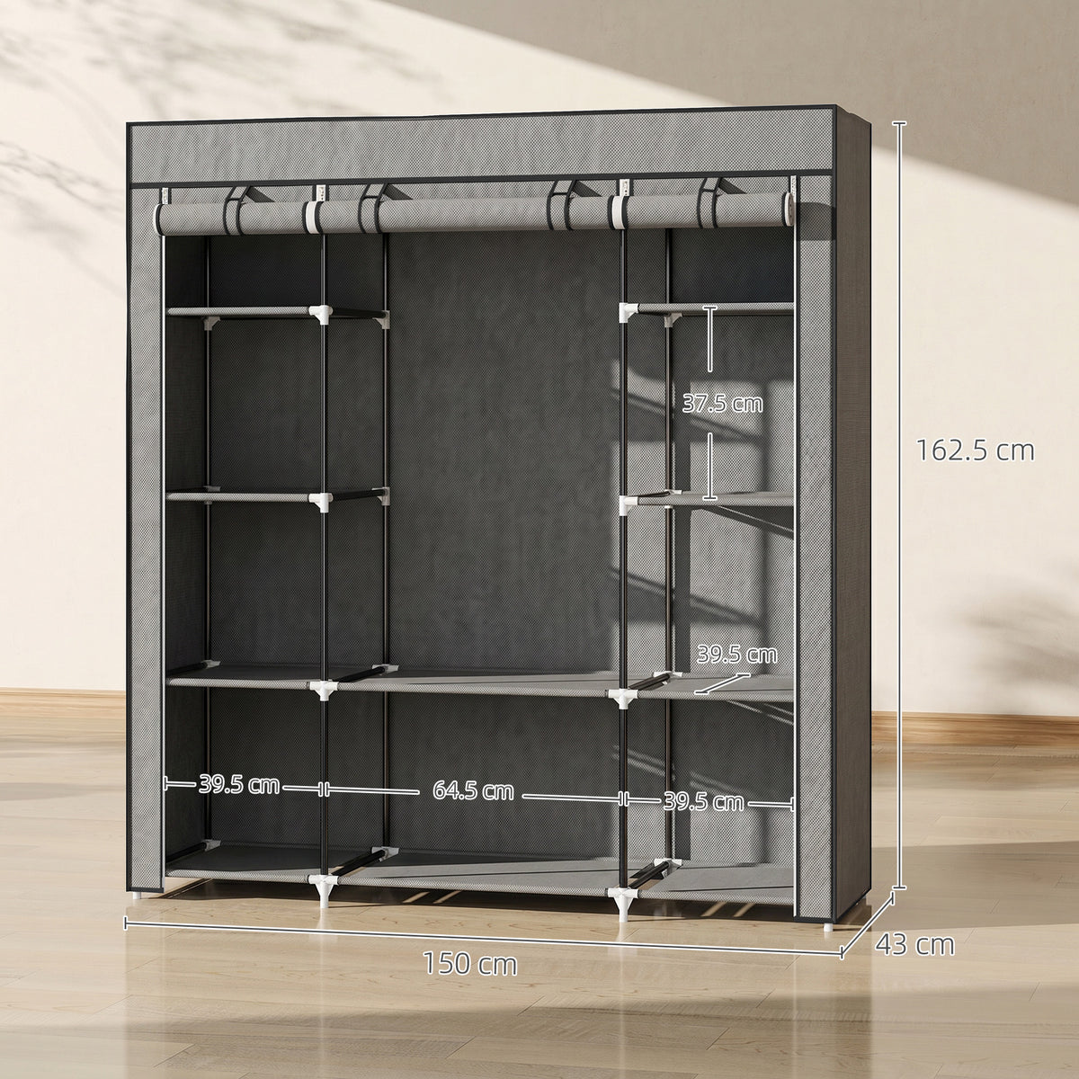 HOMCOM Clothes Storage Organiser with Hanging Rail, Shelves, Portable Wardrobe, Foldable Fabric Wardrobe, Dark Grey