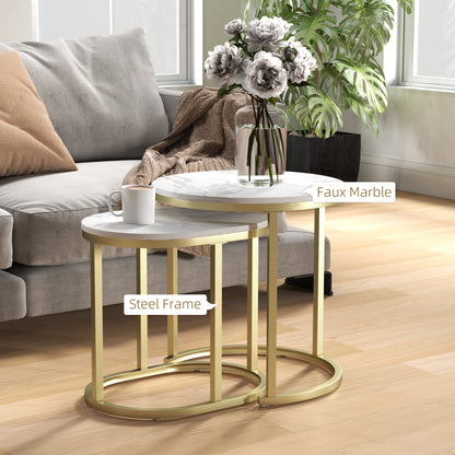 HOMCOM Nest of Tables with Steel Frame and Faux Marble Tabletop, Modern Coffee Table Set of 2, Gold Tone/White