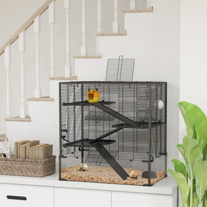 PawHut Four-Tier Hamster Cage with Deep Tempered Glass Bottom, Hut, Running Wheel, Food Dish, Water Bottle, 78.5 x 48.5 x 80cm