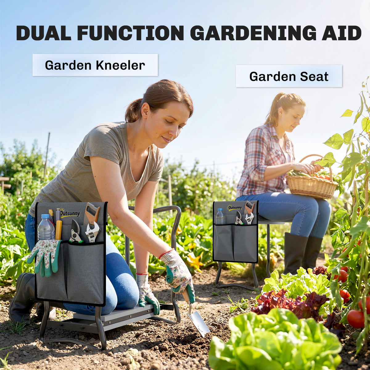 Outsunny Steel Frame Padded Garden Kneeler, with Tool Bag - Grey