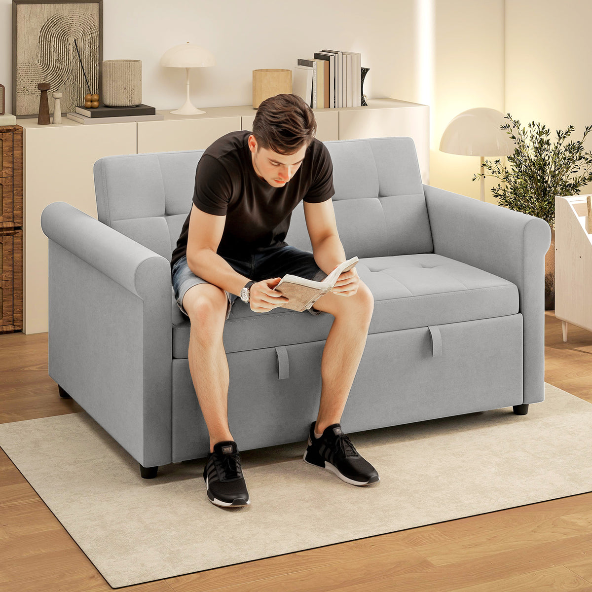 HOMCOM Two-Seater Velvet-Feel Sofa Bed - Grey