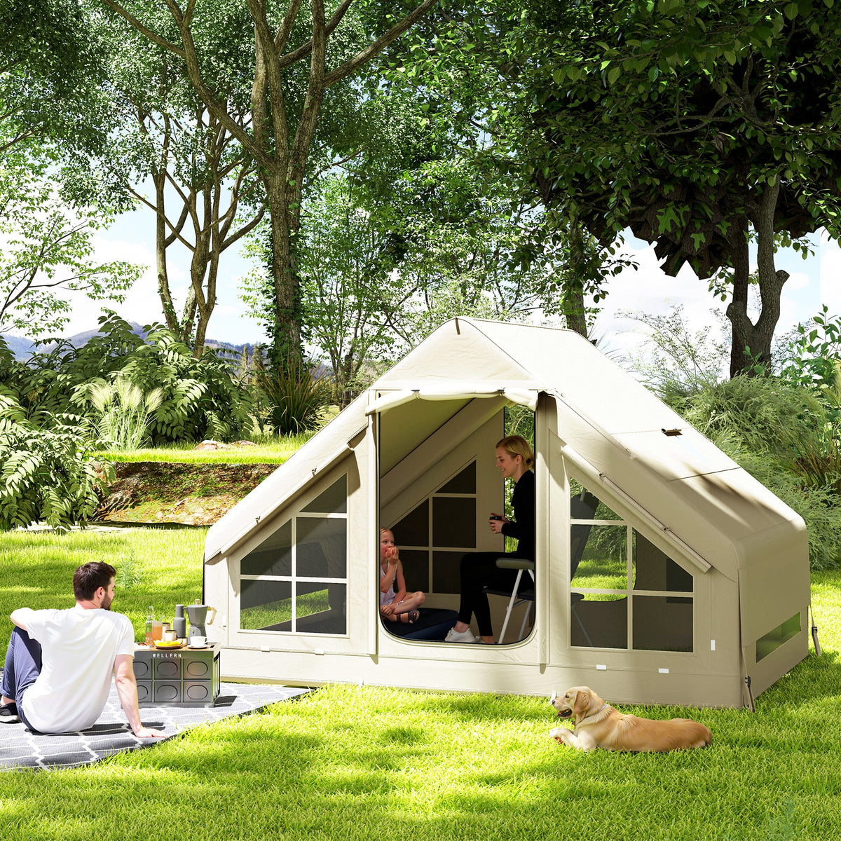 Outsunny Inflatable Camping Tent with Pump, Stove Jack Hole, Easy Setup 2-4 Person Family Blow Up Tent, Waterproof Glamping Luxury Inflatable Tent, Mesh Windows, Doors, Hook, Carry Bag, Beige