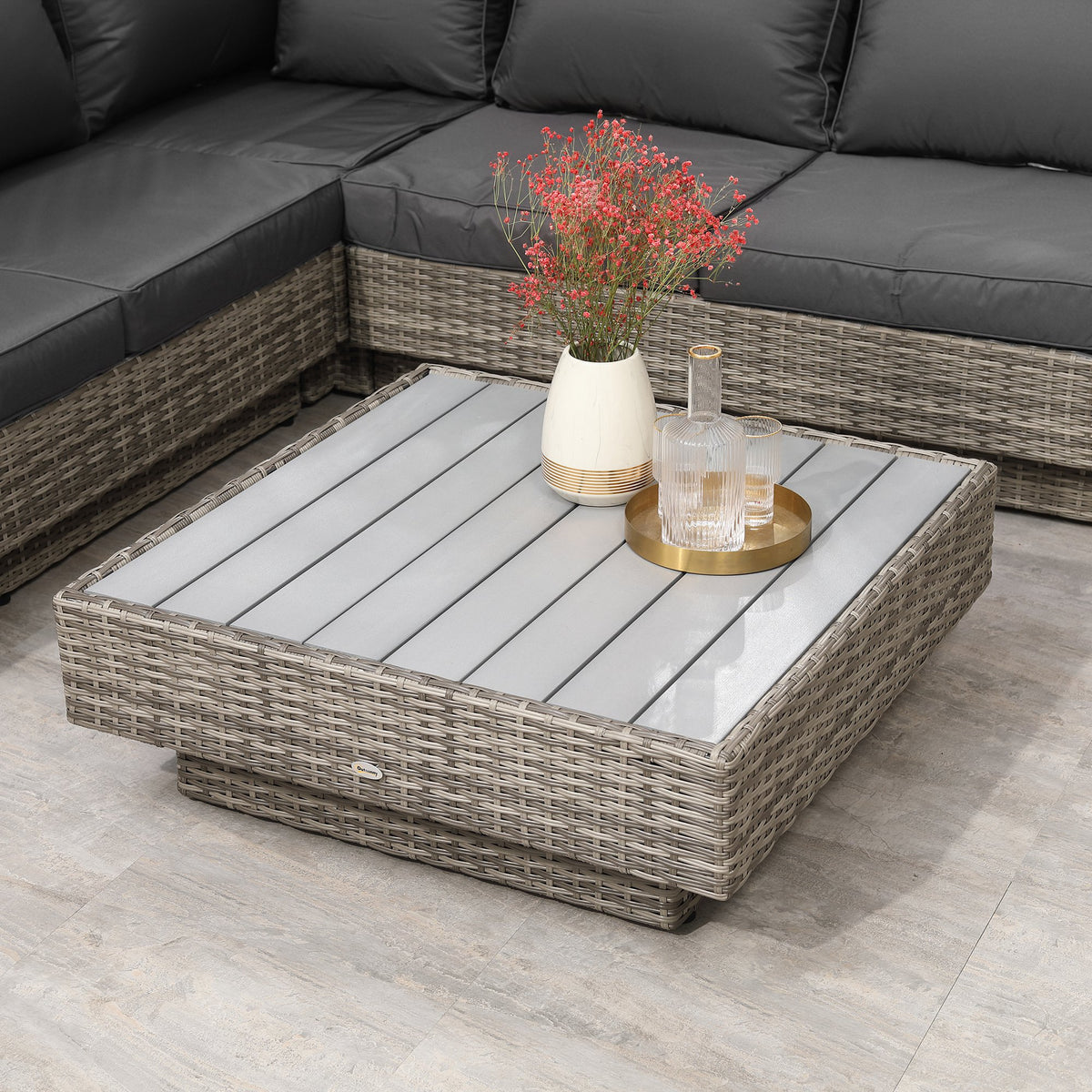 Outsunny 4 PCs Rattan Garden Furniture Outdoor Sectional Corner Sofa and Coffee Table Set  Conservatory Wicker Weave Furniture with Armrest and Cushions - Light Grey