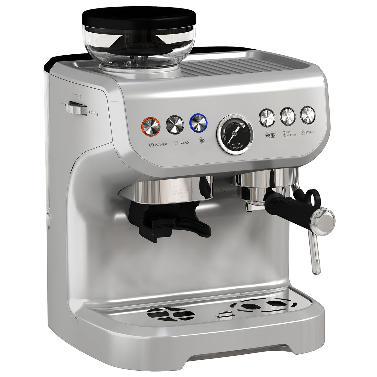 HOMCOM 15 Bar Coffee Machine with 15 Adjustable Grind Setting, Steamer and Complete Kit - Silver Colour