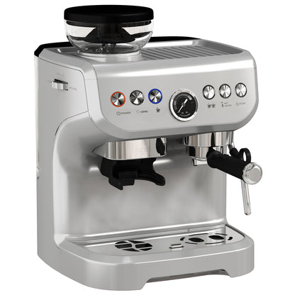 HOMCOM 15 Bar Coffee Machine with 15 Adjustable Grind Setting, Steamer and Complete Kit - Silver Colour