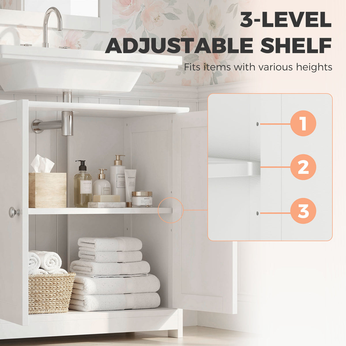 kleankin Under Sink Bathroom Cabinet, Freestanding Under Sink Cabinet with 2 Doors and Adjustable Shelf for Basin without or with Pedestal, White