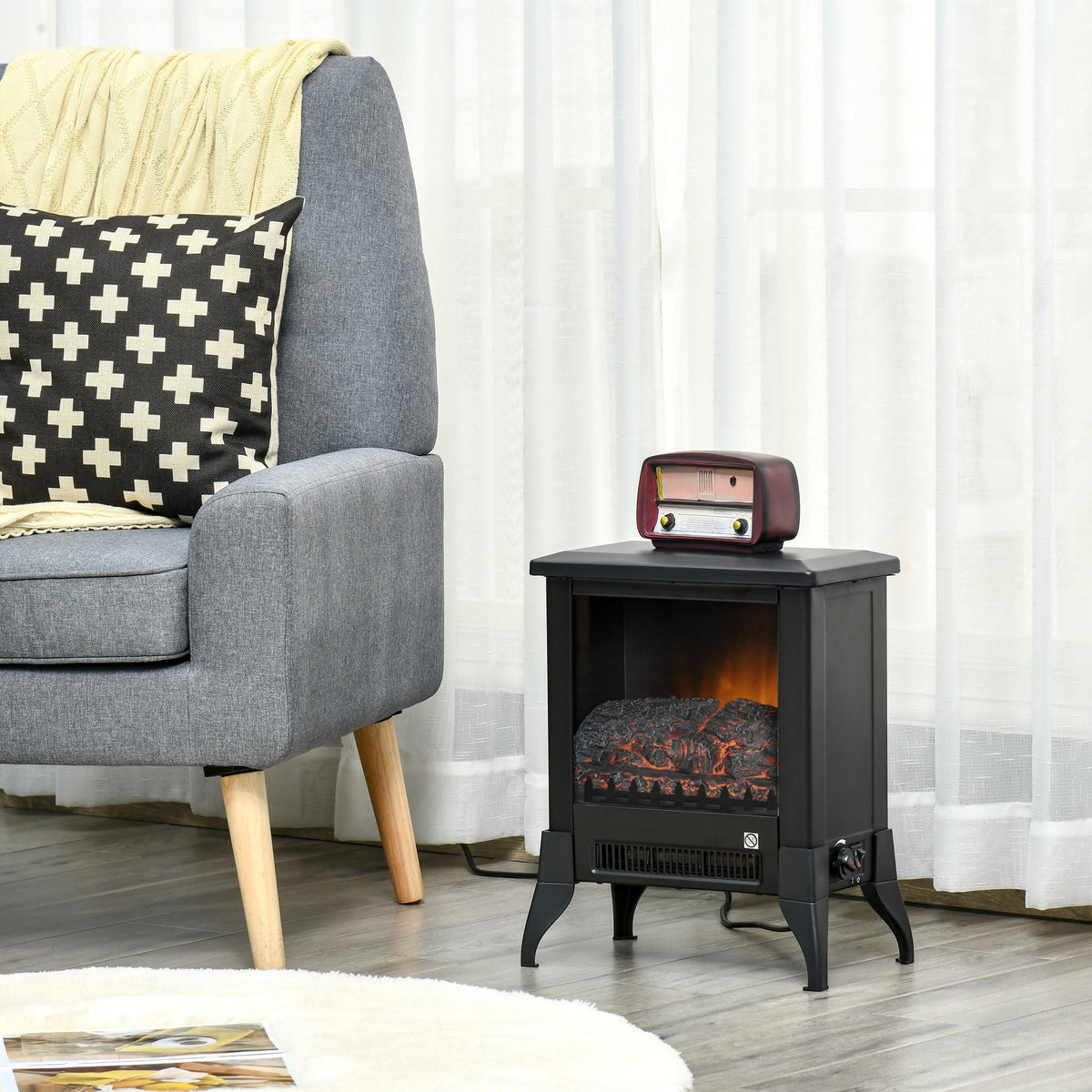 HOMCOM Electric Fireplace Stove, Free Standing Fireplace Heater with Realistic Flame Effect, Dual Power Settings (1800-2000W), Adjustable Temperature and Overheat Protection, Black