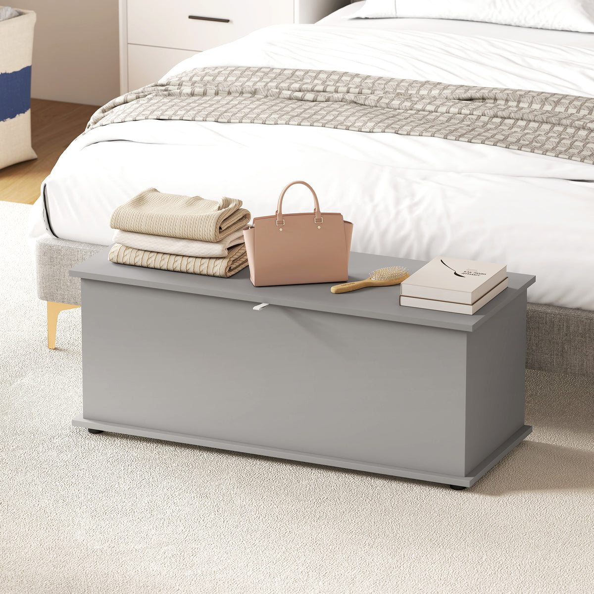 HOMCOM Storage Chest, Large 114L Blanket Box, Shoe Bench with Safety Hinged Lid, Storage Trunk, Bed End Bench for Bedroom, Hallway, Living room, Playroom, 100 x 40 x 40cm, Grey