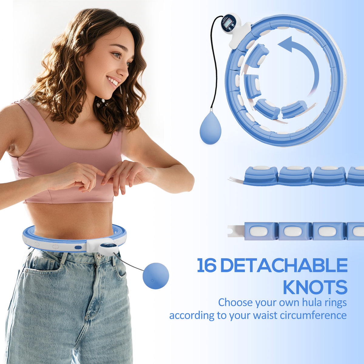 SPORTNOW Smart Weighted Hula Hoop, Massage Hula Ring w/ 16 Detachable Knots, 360° Auto-Rotating Ball, Digital Counter Light Blue