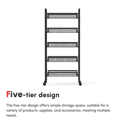 HOMCOM Five-Steel Mesh Basket Storage Trolley, with Wheels - Black