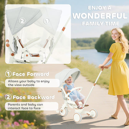 AIYAPLAY 5 in 1 Kids Trike with Adjustable Backrest, Toddler Tricycle with Push Handlebar, Adjustable Backrest, Cream White
