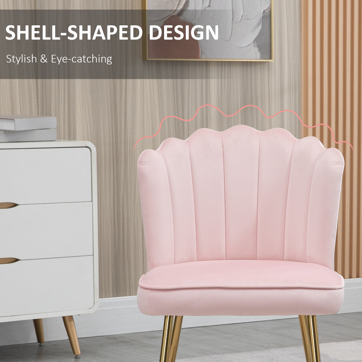 HOMCOM Velvet-Feel Shell Accent Chair with Metal Legs and Comfort Padding - Pink