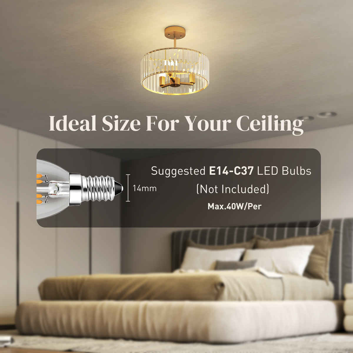 HOMCOM Crystal Ceiling Light Fixture, 39 cm Semi Flush Mount Modern Crystal Chandelier Ceiling Light for Living Room, Bedroom, Hallway, Dining Room, E14 Base 3-Lights, Bulbs Not Included, Gold Tone