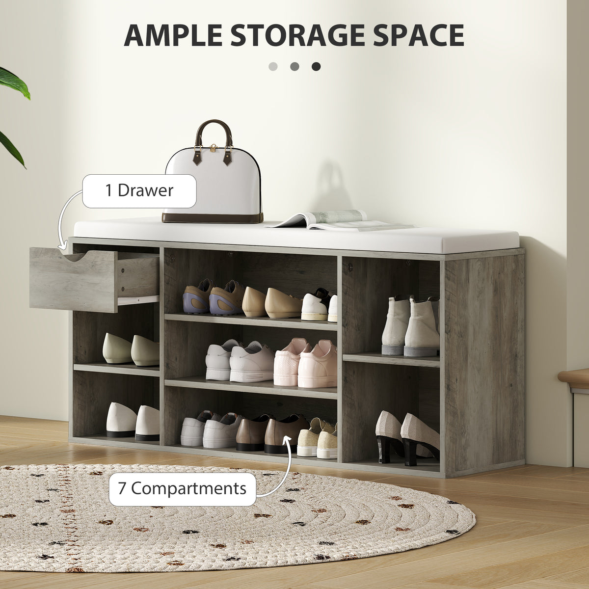 HOMCOM Shoe Storage Bench with Cushion - Grey