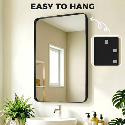 HOMCOM Rectangular Wall Mirror, 90 x 60 cm Wall Mounted Bathroom Mirror with Aluminium Alloy Frame and Tempered Glass, Black