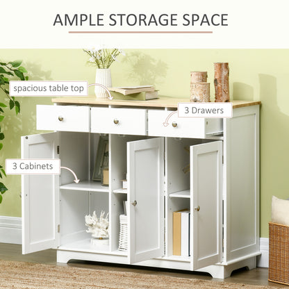 HOMCOM Sideboard with Rubber Wood Top, Modern Storage Cabinet, Kitchen Cupboard with 3 Doors, 3 Drawers and 3 Adjustable Shelves for Dining Room, Living Room, White