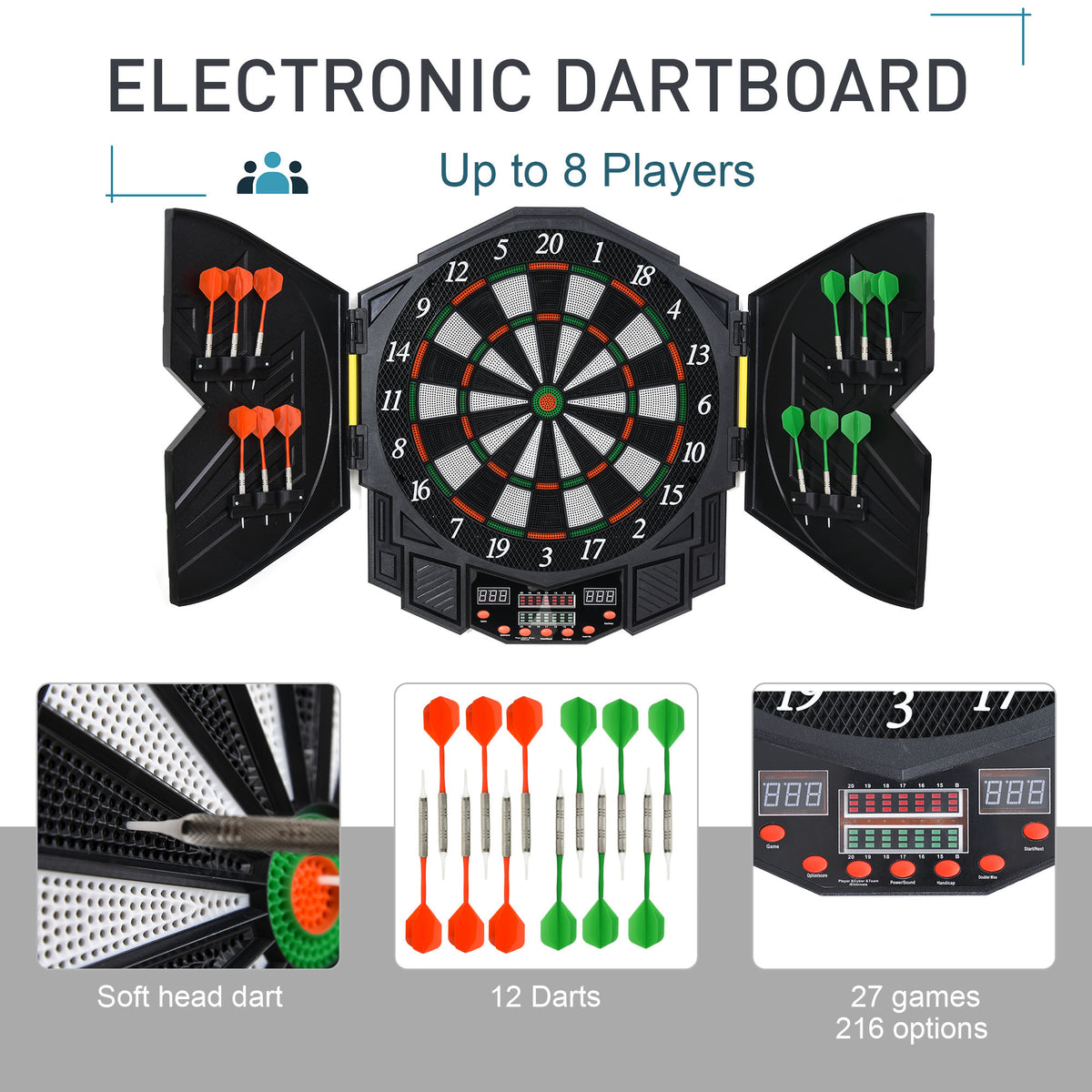 HOMCOM Dart Board Set, Electronic Dartboard with LED Digital Score Display, Soft Tip Darts, 27 Games, Speaker Sound