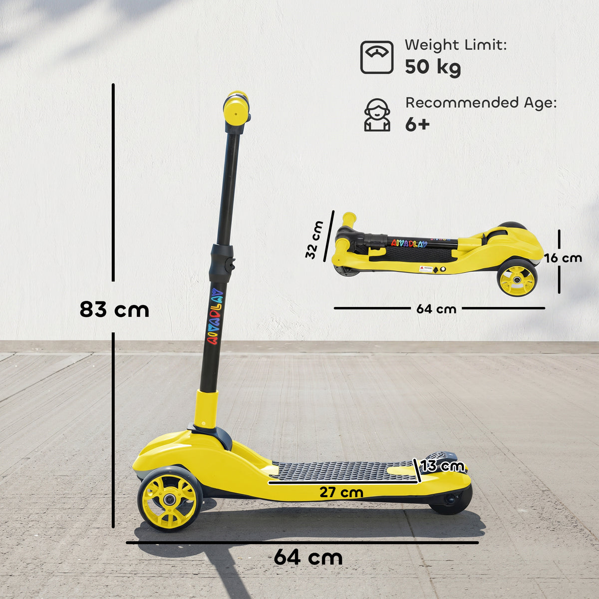 AIYAPLAY Three-Wheel Foldable Electric Scooter for Kids Aged 6-10 Years, Yellow