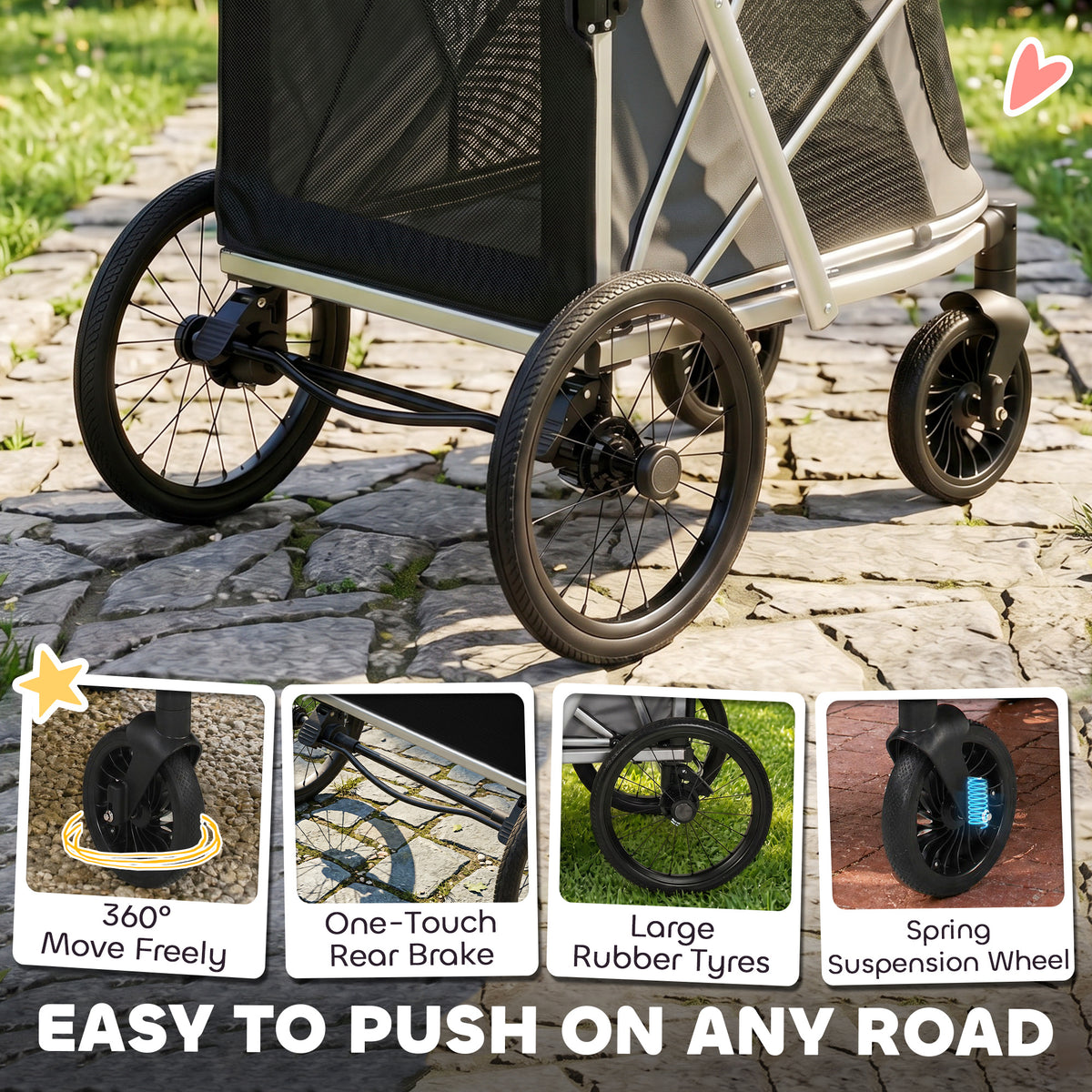 PawHut Dog Stroller, Easy Folding Pet Stroller for Small and Medium Dogs with Shock Absorption, Maximum Load 20 kg, Grey