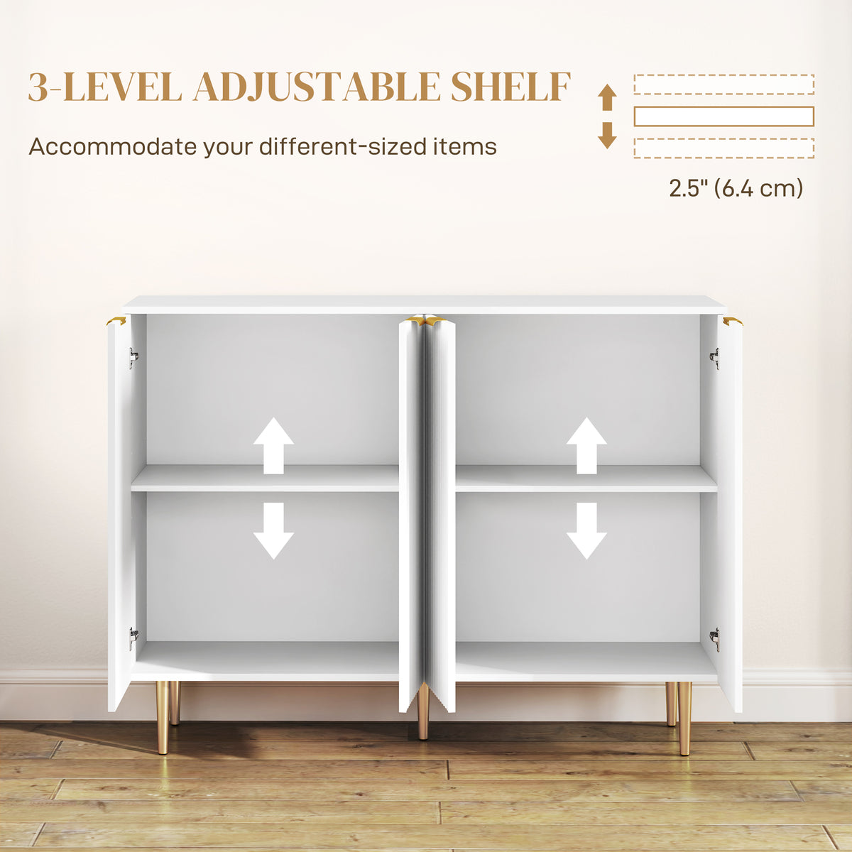 HOMCOM Sideboard Buffet Cabinet, Modern Kitchen Storage Cabinet with Adjustable Shelves and Metal Legs, White