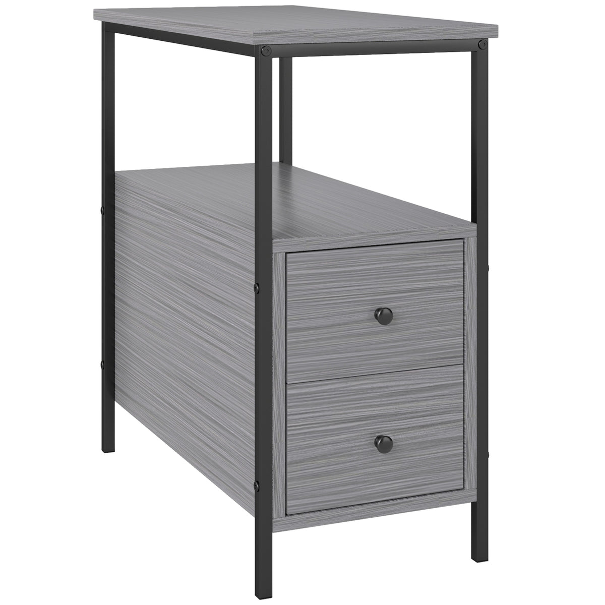 HOMCOM Side Table, Narrow Bedside Table with 2 Drawers and Storage Shelf, Industrial End Table with Metal Frame for Small Spaces, Grey Wood Grain